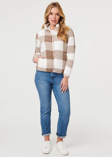 Izabel London Brown Checked High Neck Boxy Jacket