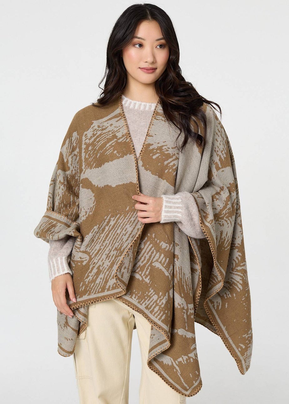 Izabel London Beige Printed Oversized Open Front Poncho