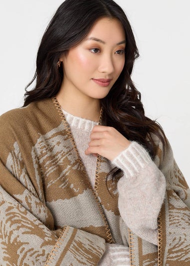 Izabel London Beige Printed Oversized Open Front Poncho