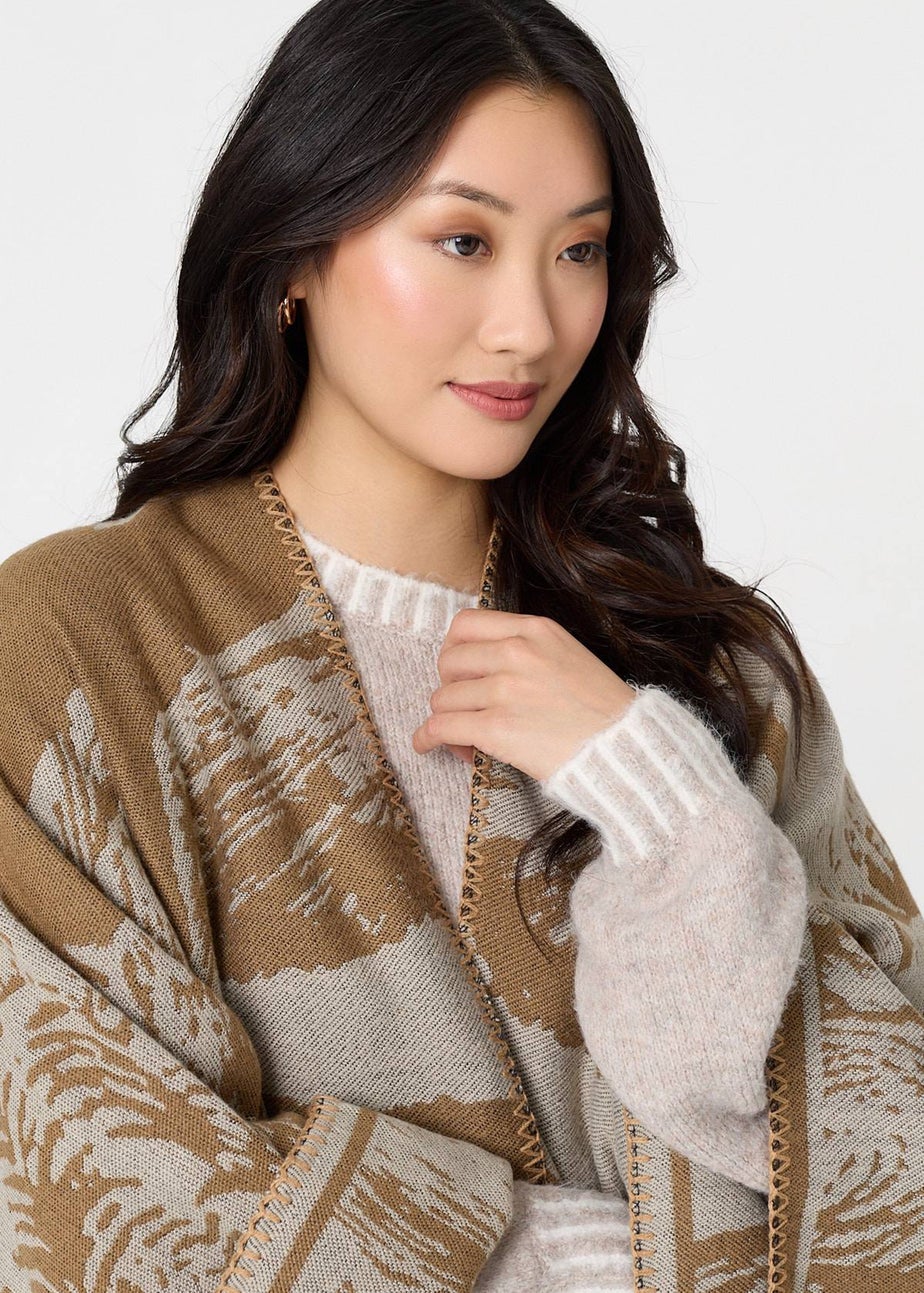 Izabel London Beige Printed Oversized Open Front Poncho