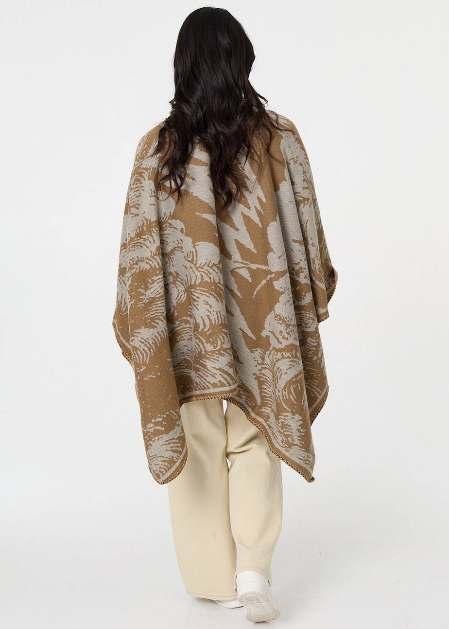 Izabel London Beige Printed Oversized Open Front Poncho