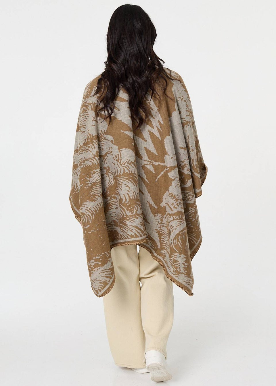 Izabel London Beige Printed Oversized Open Front Poncho