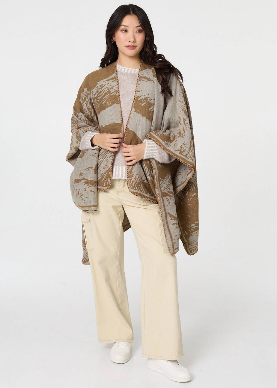 Izabel London Beige Printed Oversized Open Front Poncho