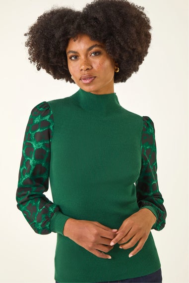 Roman Green Animal Print Mesh Sleeve Knit