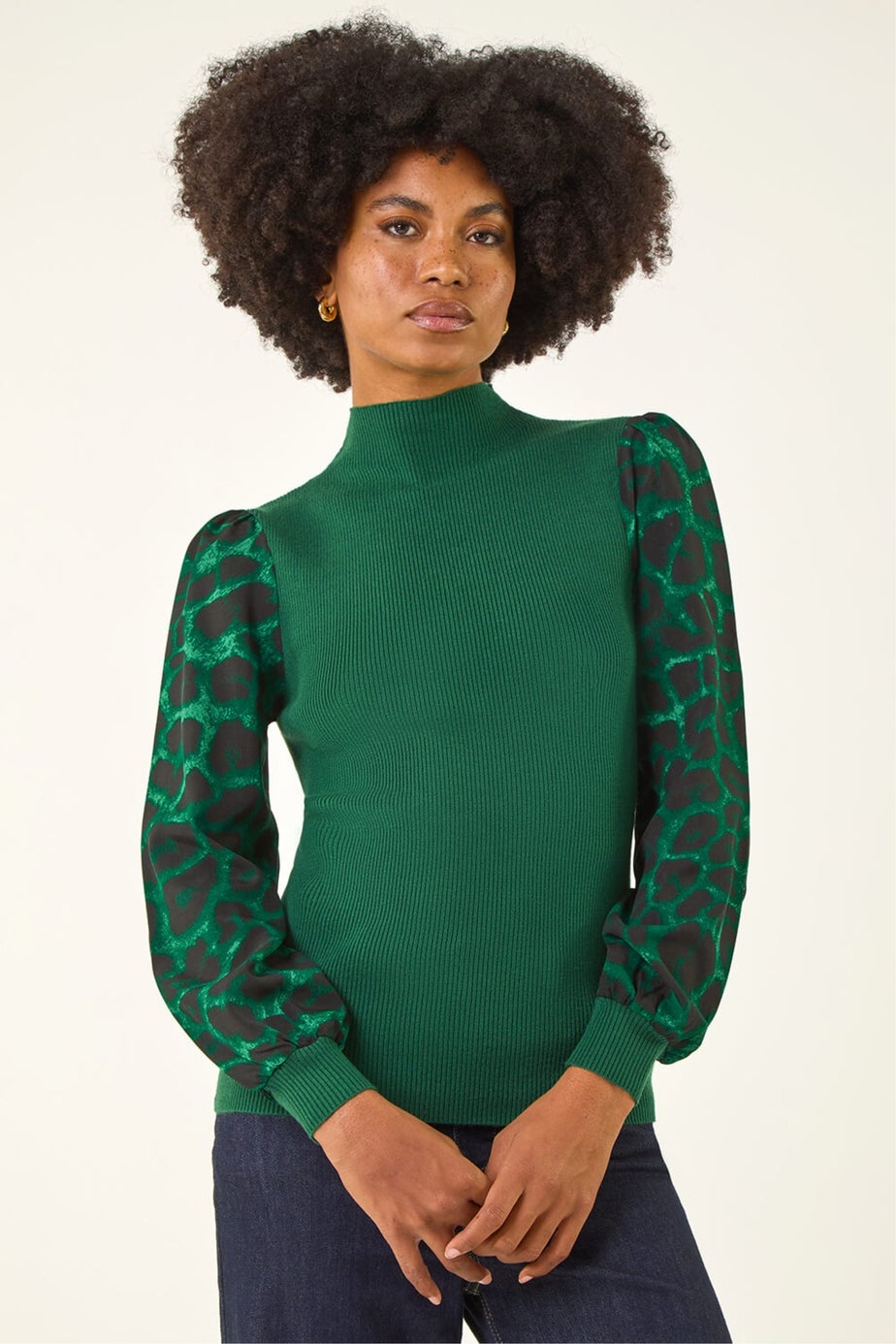 Roman Green Animal Print Mesh Sleeve Knit