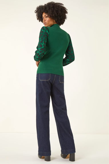 Roman Green Animal Print Mesh Sleeve Knit