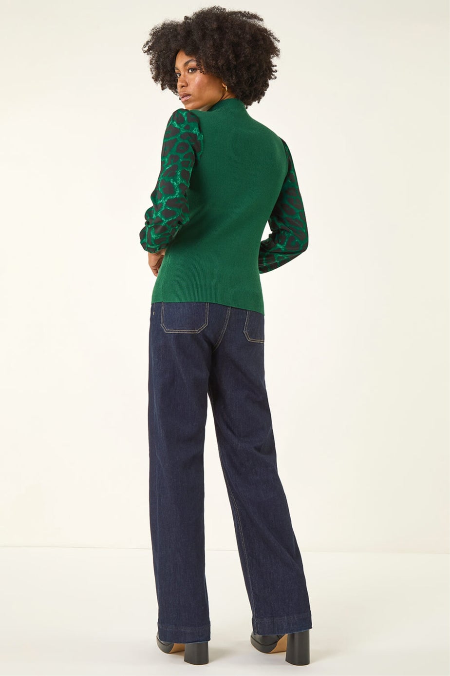 Roman Green Animal Print Mesh Sleeve Knit