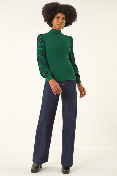 Roman Green Animal Print Mesh Sleeve Knit