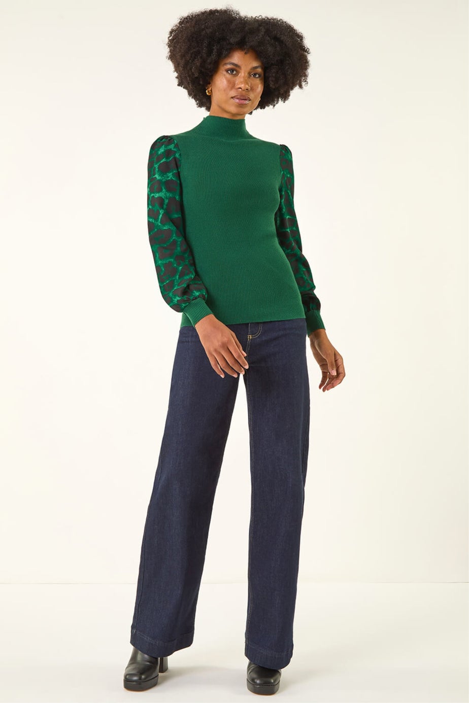 Roman Green Animal Print Mesh Sleeve Knit