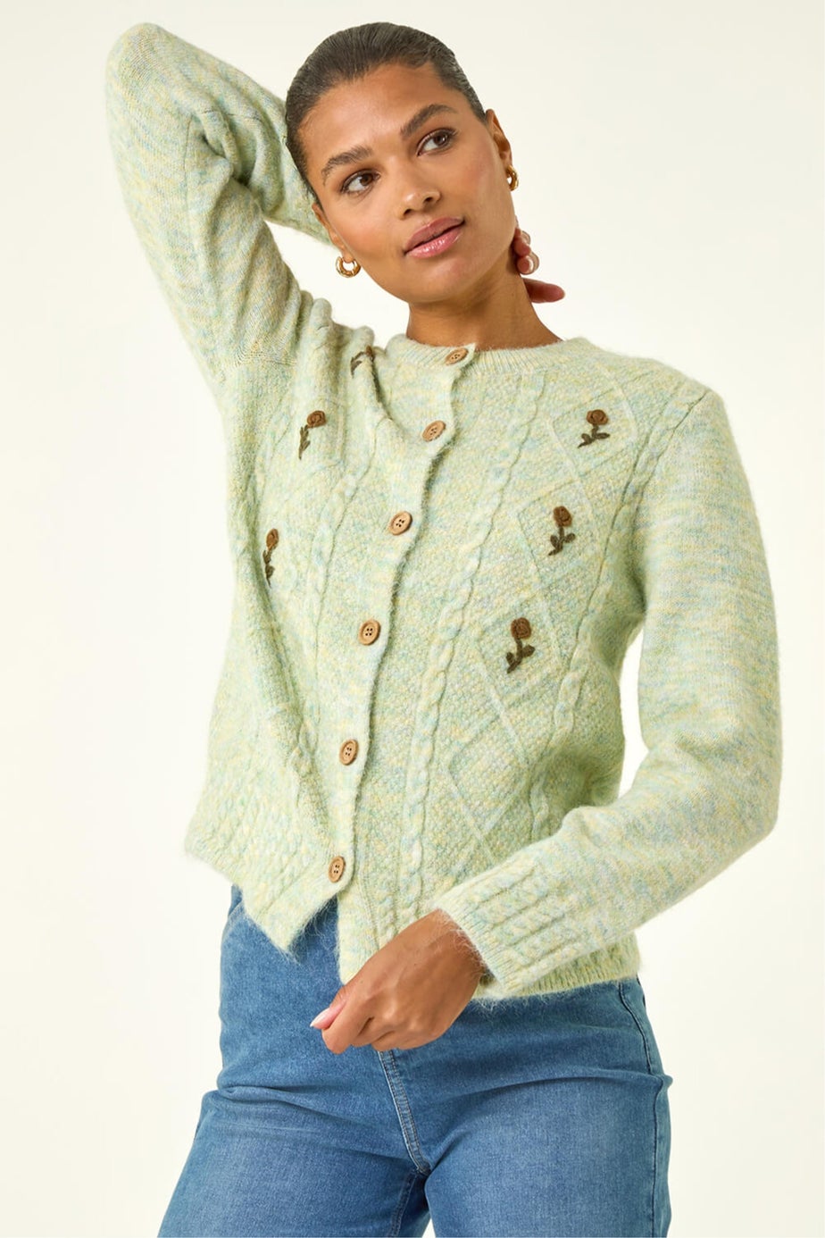 Roman Pale Green Embroidered Floral Knit Cardigan