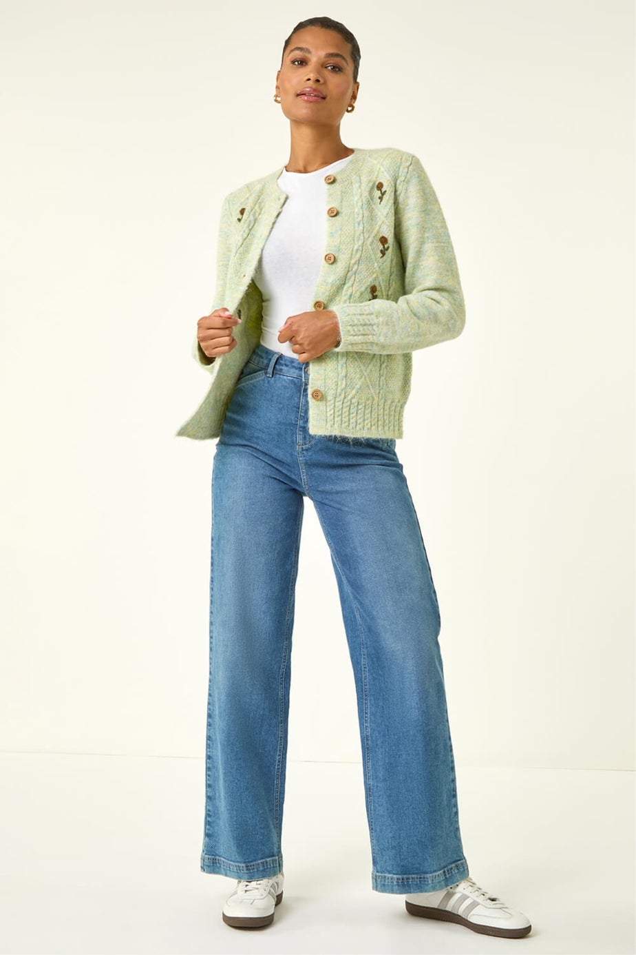 Roman Pale Green Embroidered Floral Knit Cardigan