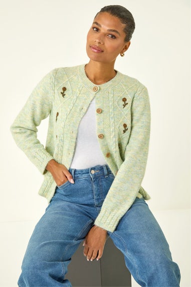 Roman Pale Green Embroidered Floral Knit Cardigan