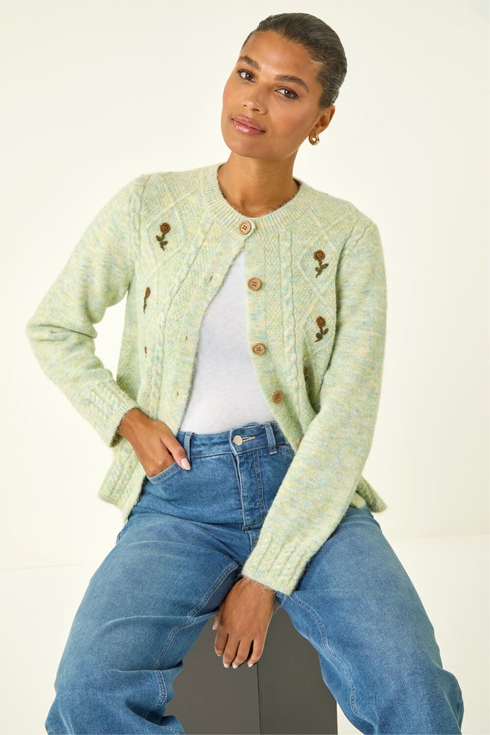 Roman Pale Green Embroidered Floral Knit Cardigan
