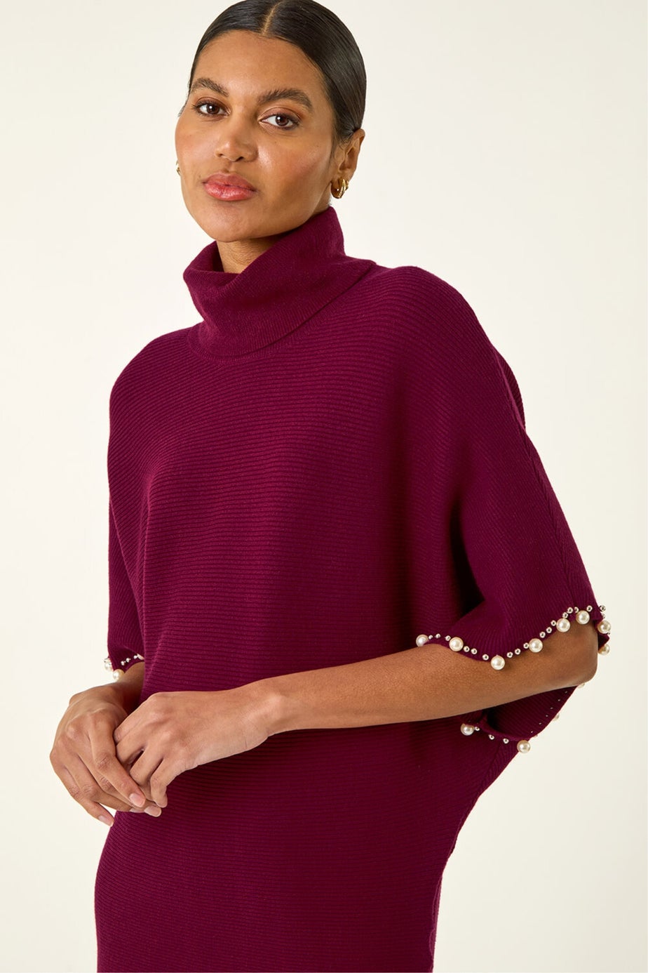 Roman Maroon Faux Pearl Embellished Knit Jumper