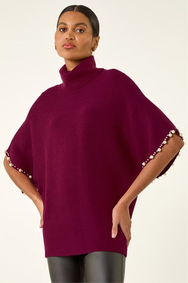 Roman Maroon Faux Pearl Embellished Knit Jumper