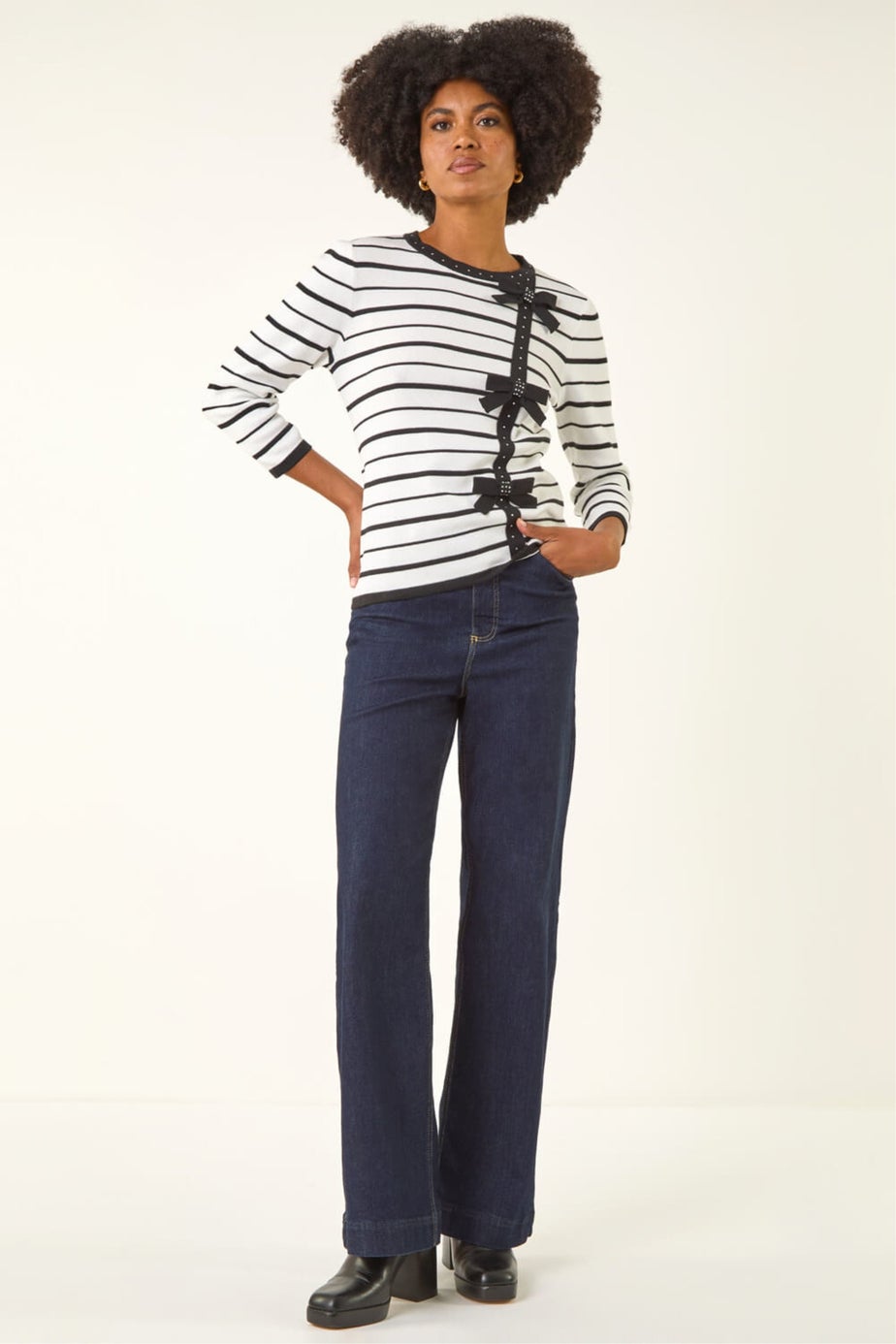 Roman Ivory Stripe Bow Detail Knit Jumper