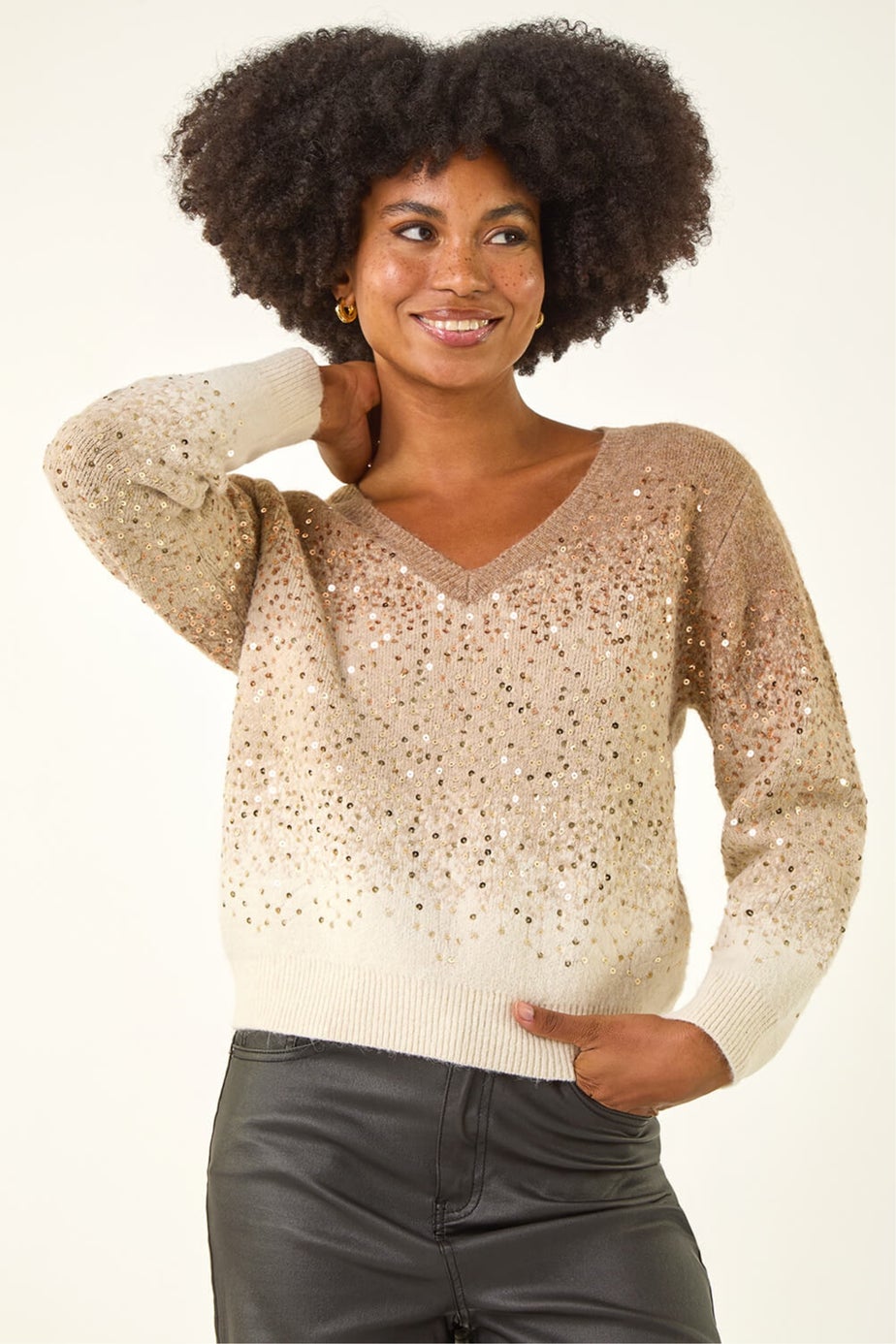 Roman Beige Sparkly Ombre V-Neck Knit Jumper