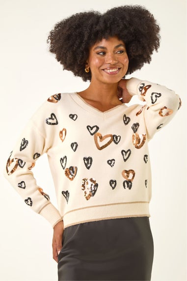 Roman Ivory Scattered Heart V-Neck Knit Jumper
