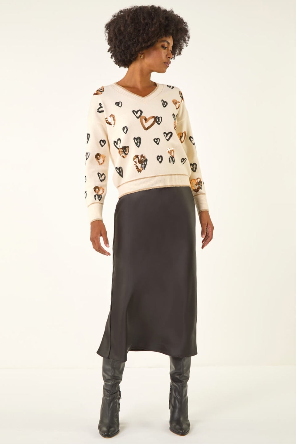 Roman Ivory Scattered Heart V-Neck Knit Jumper