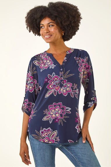 Roman Cerise Floral Puff Print Stretch Shirt