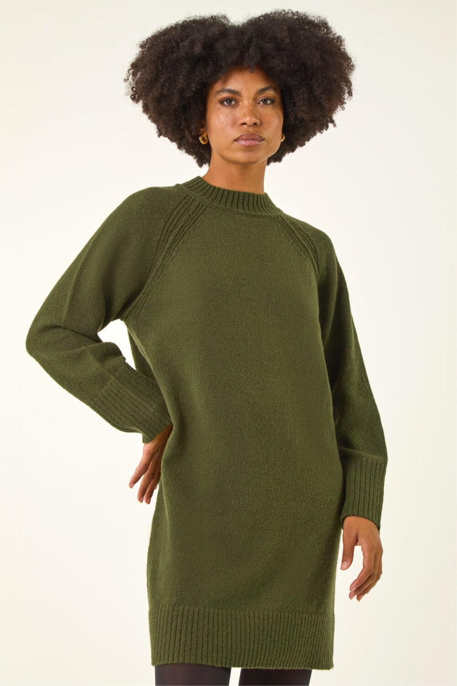 Roman Khaki High Neck Ribbed Knit Dress