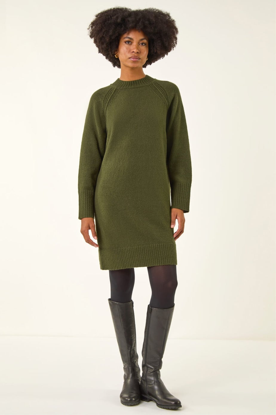 Roman Khaki High Neck Ribbed Knit Dress