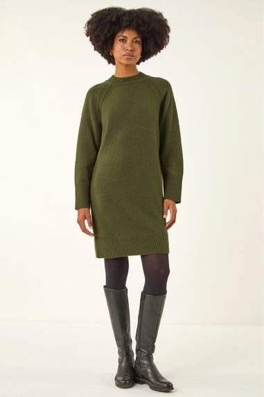 Roman Khaki High Neck Ribbed Knit Dress