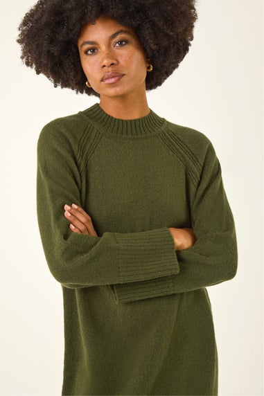 Roman Khaki High Neck Ribbed Knit Dress