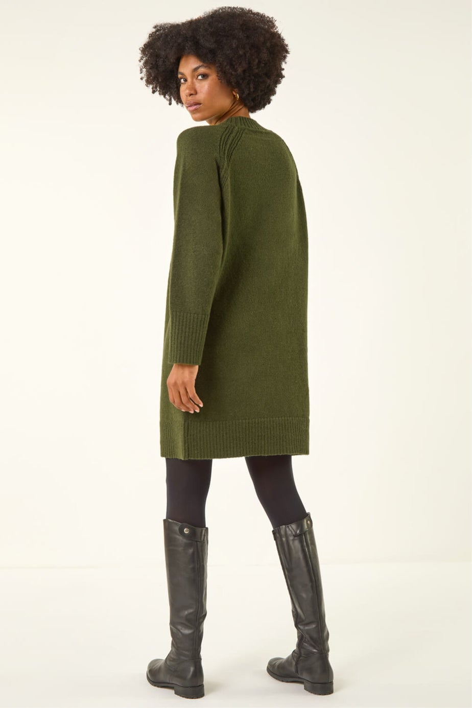 Roman Khaki High Neck Ribbed Knit Dress