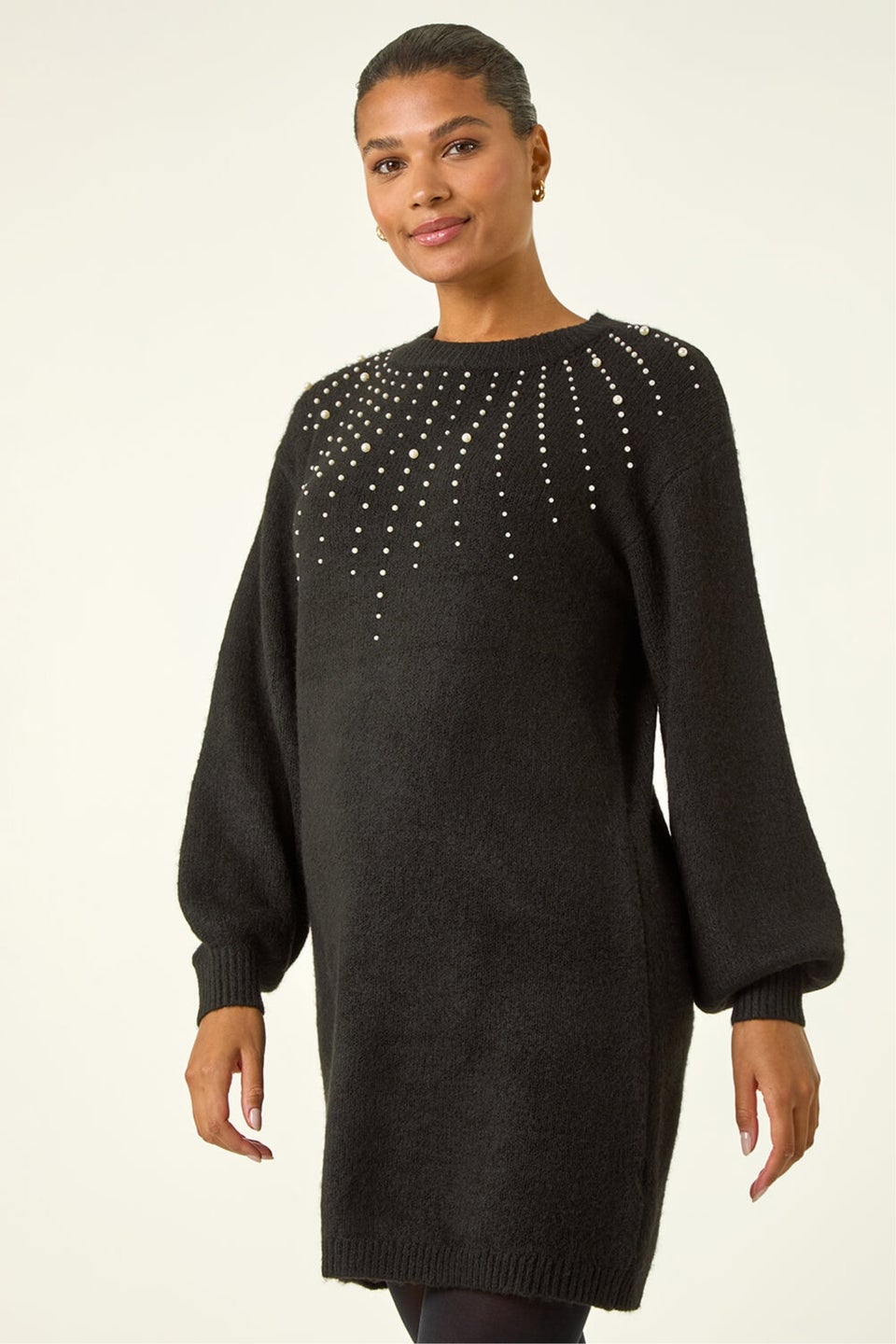 Roman Black Faux Pearl Embellished Knit Dress