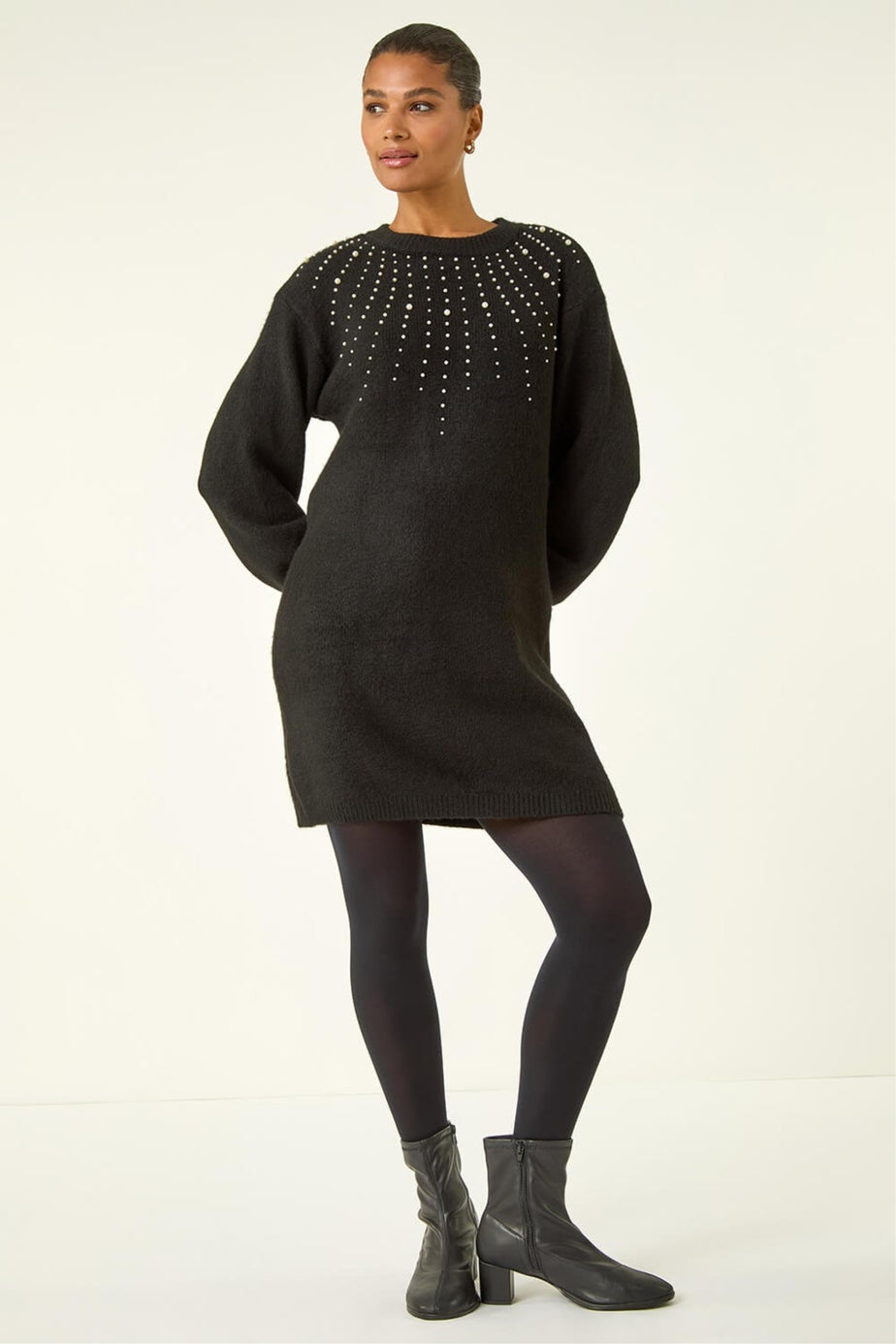 Roman Black Faux Pearl Embellished Knit Dress