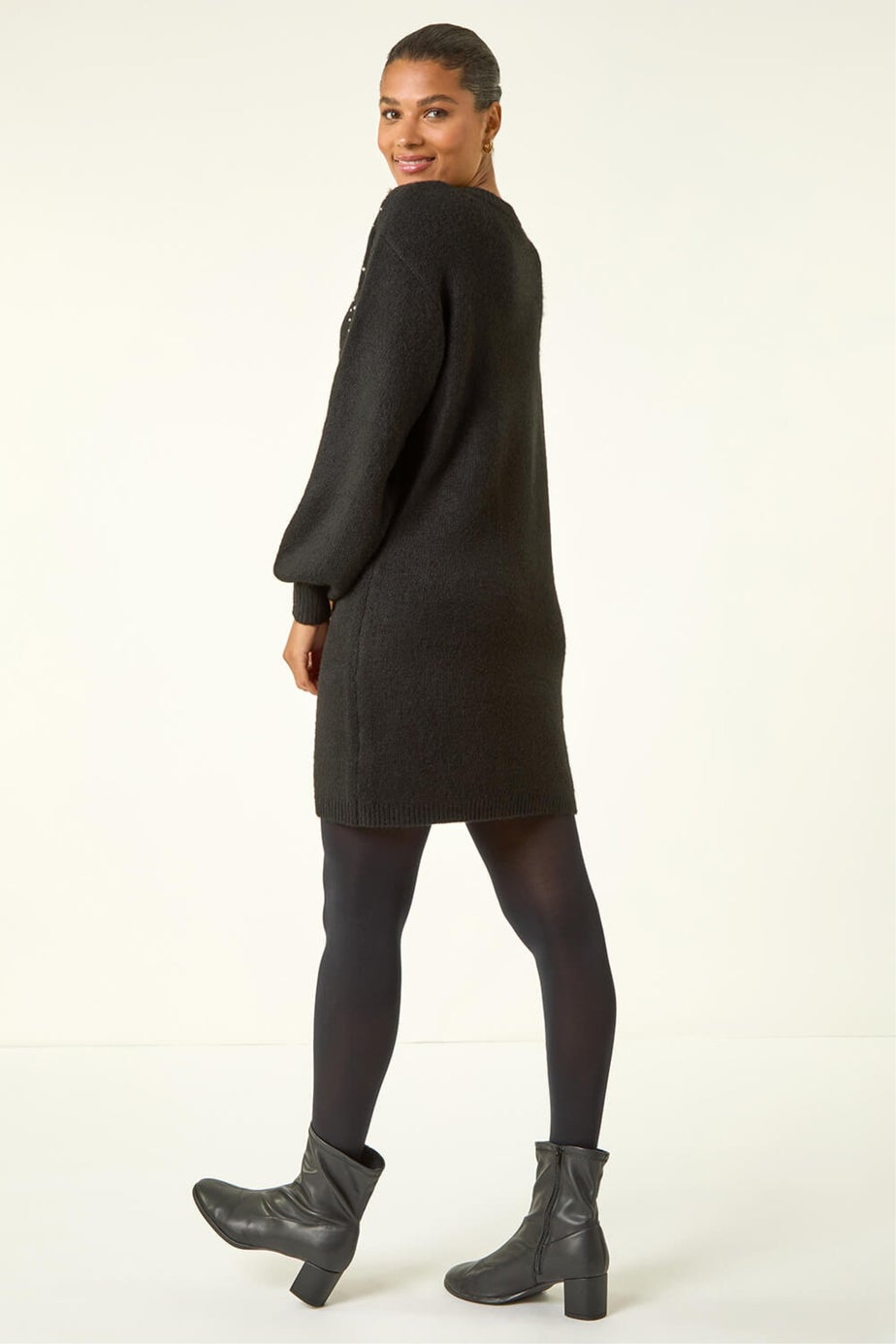 Roman Black Faux Pearl Embellished Knit Dress