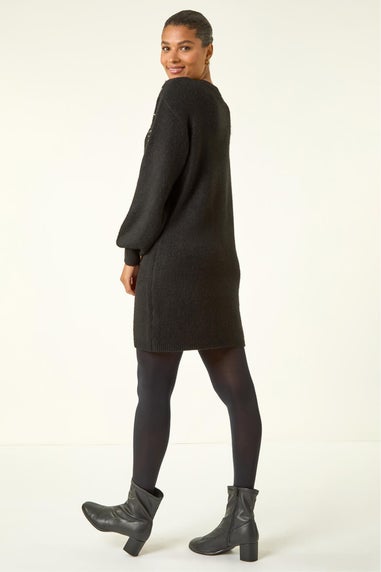 Roman Black Faux Pearl Embellished Knit Dress
