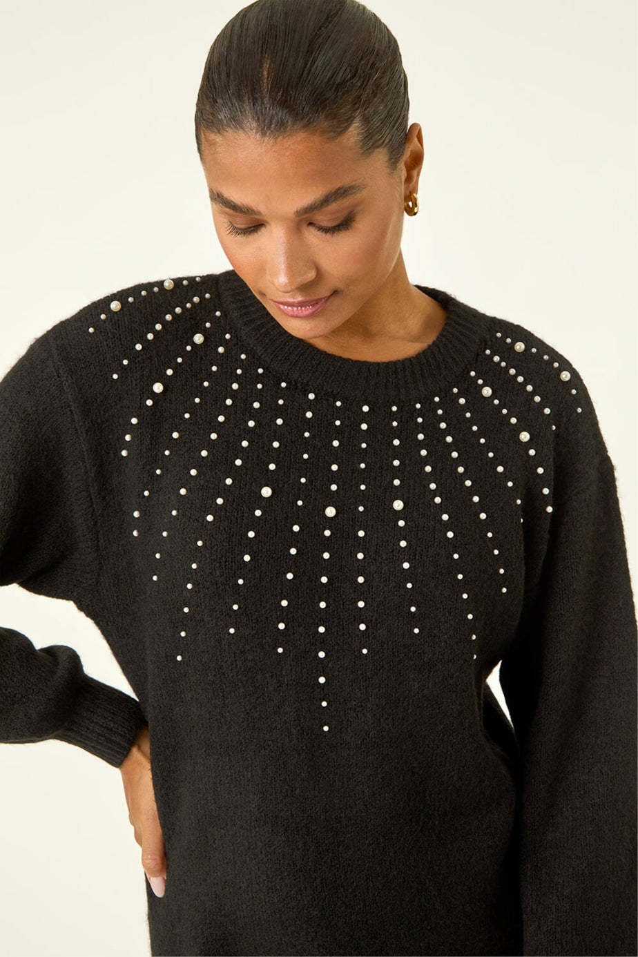 Roman Black Faux Pearl Embellished Knit Dress
