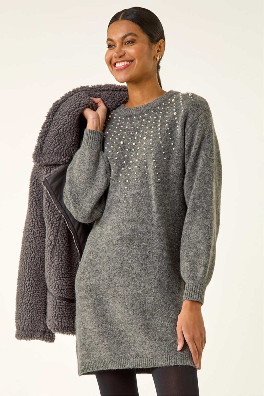 Roman Grey Faux Pearl Embellished Knit Dress