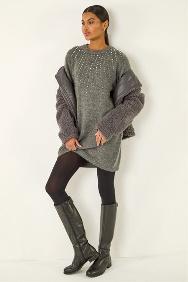 Roman Grey Faux Pearl Embellished Knit Dress