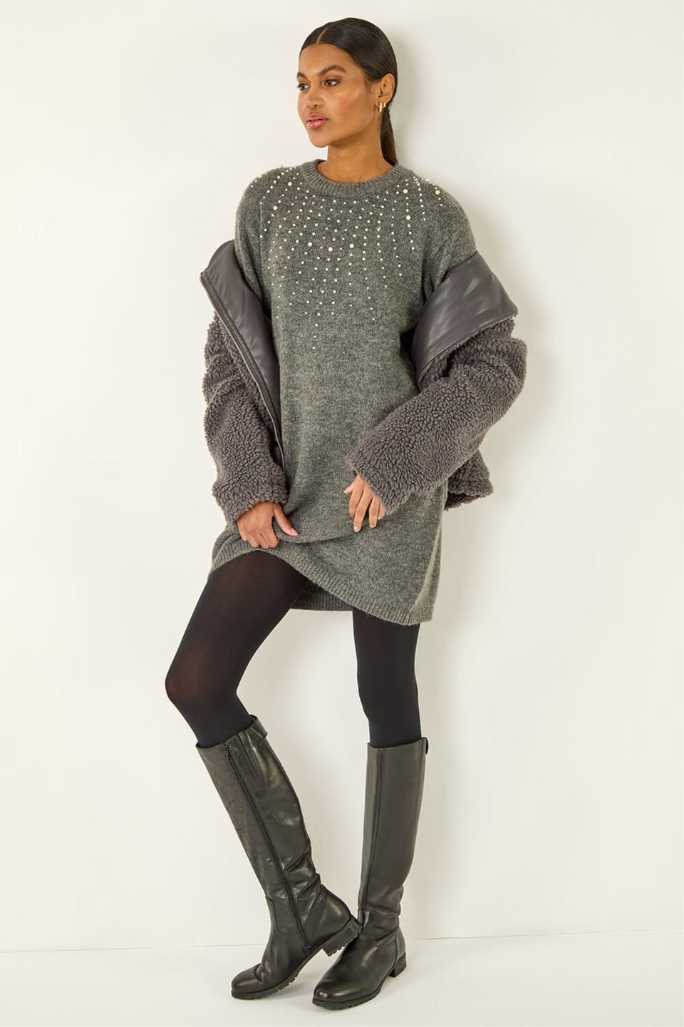 Roman Grey Faux Pearl Embellished Knit Dress