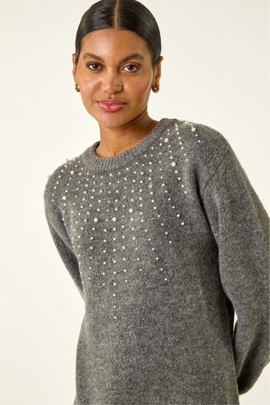 Roman Grey Faux Pearl Embellished Knit Dress