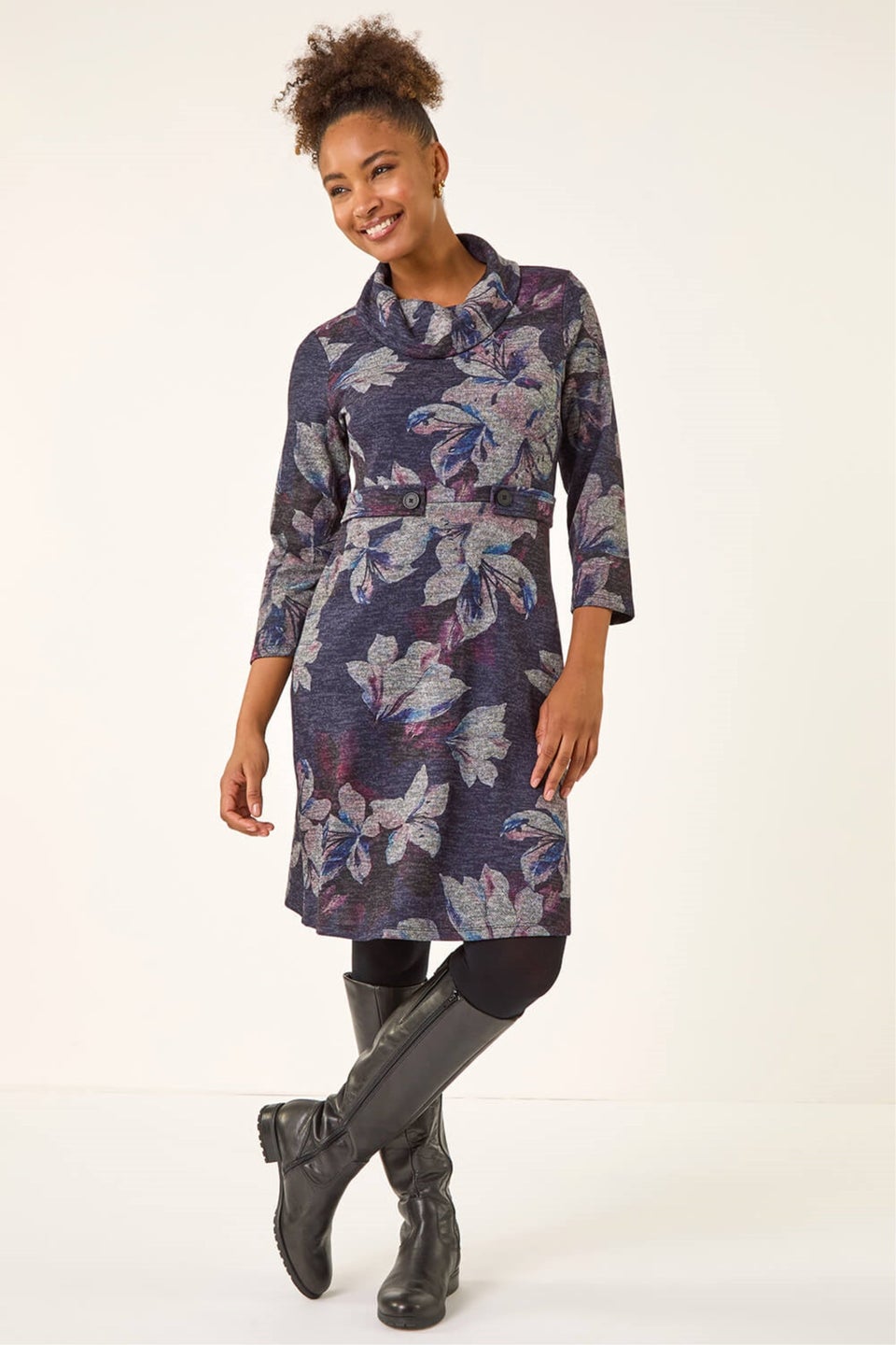 Roman Purple Floral Cowl Neck Tab Dress