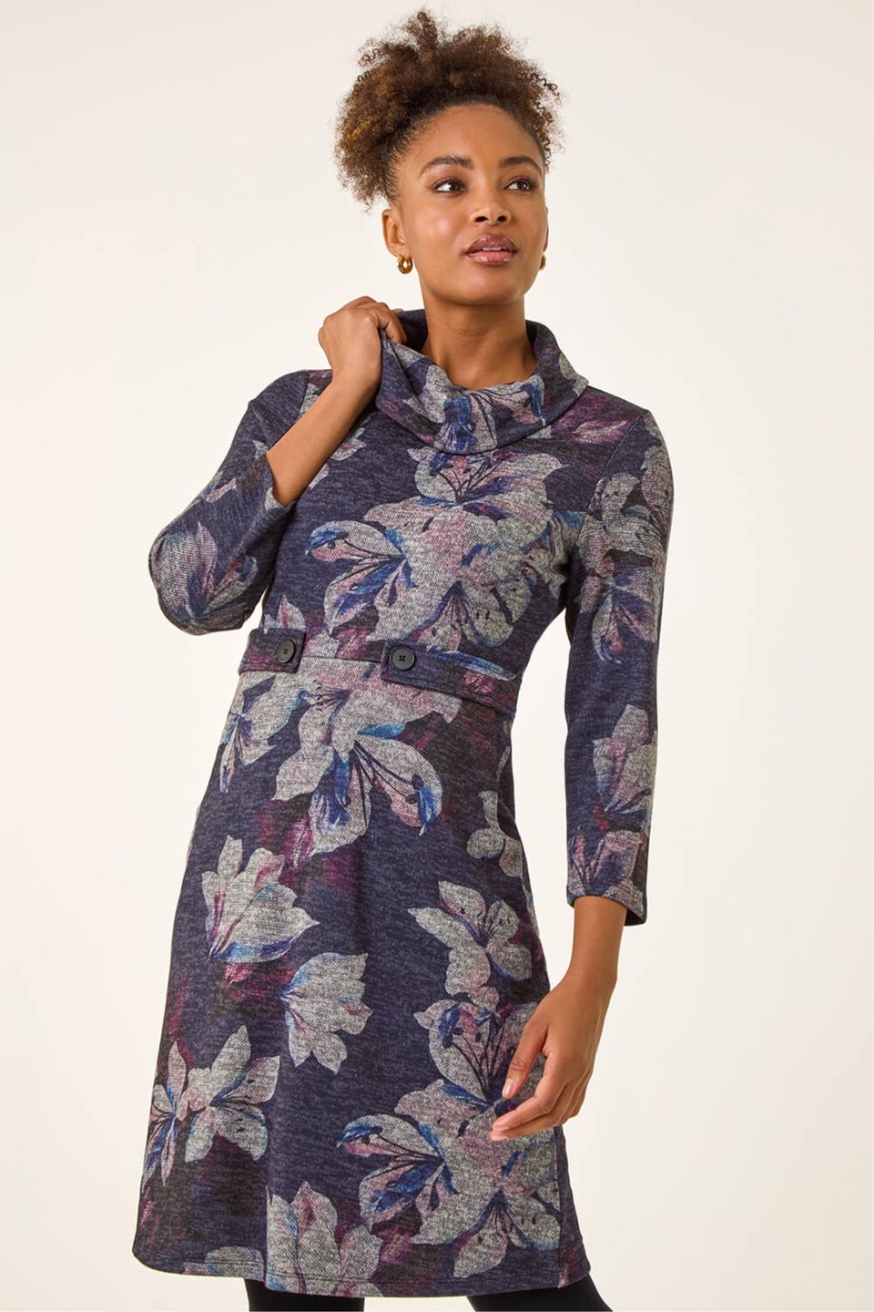 Roman Purple Floral Cowl Neck Tab Dress