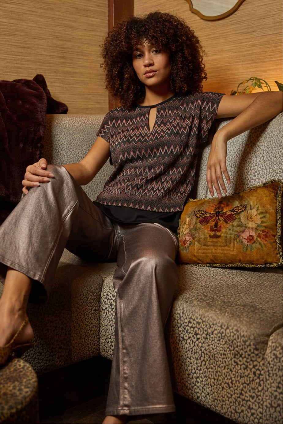 Roman Bronze Zig Zag Print Bubble Hem Top