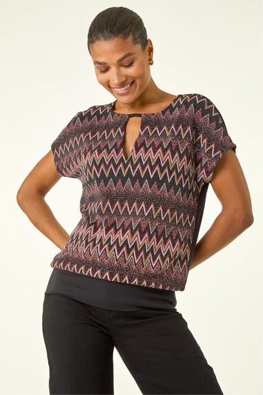 Roman Bronze Zig Zag Print Bubble Hem Top