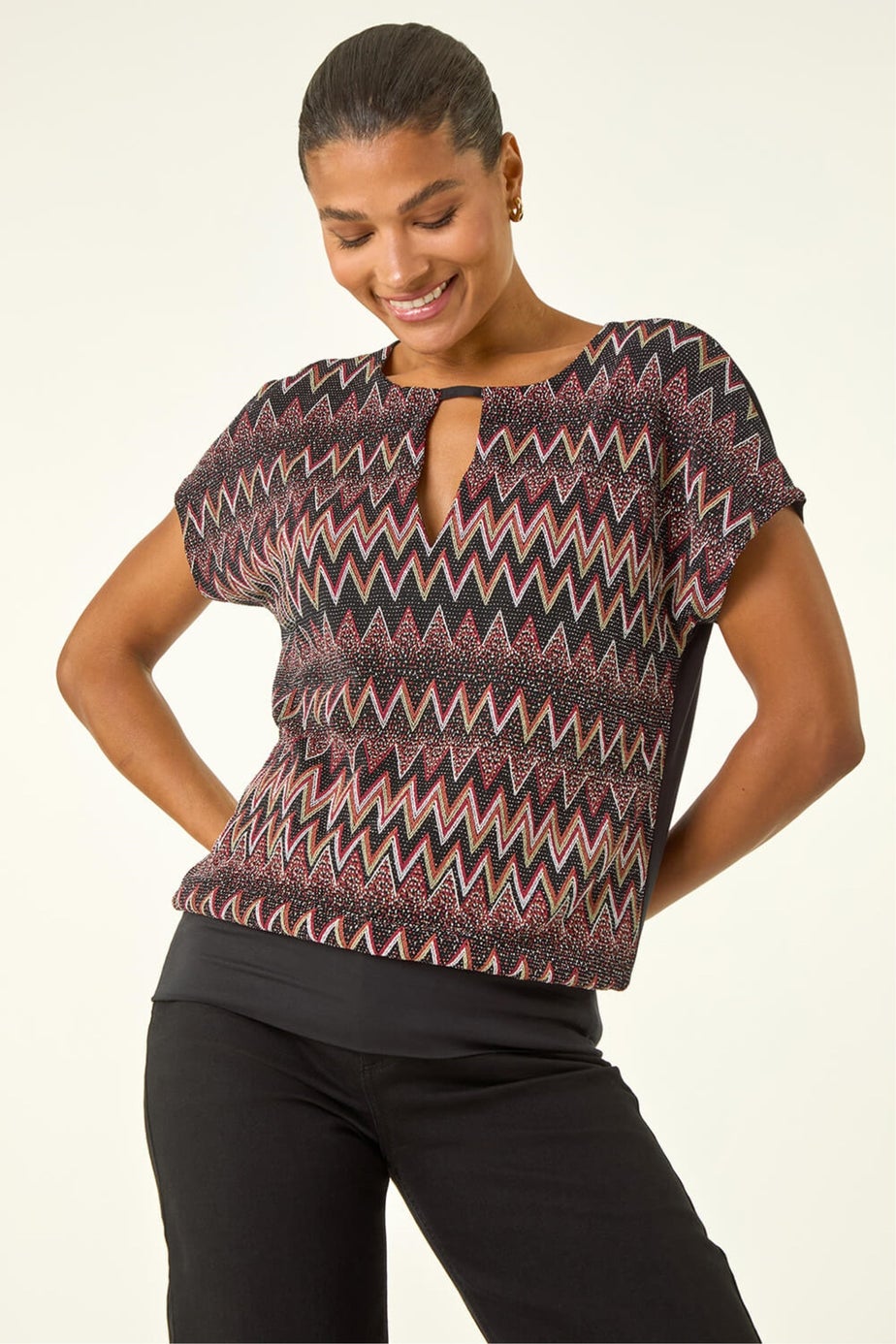 Roman Bronze Zig Zag Print Bubble Hem Top