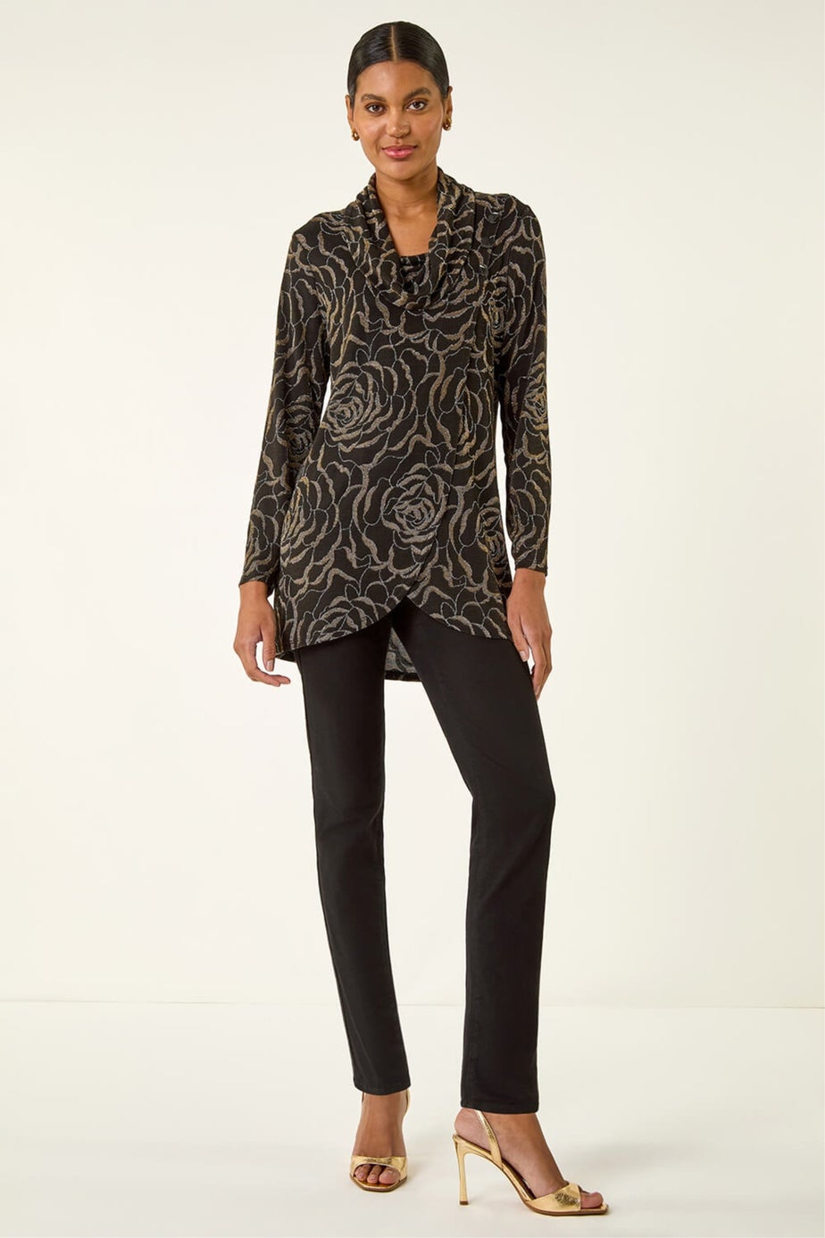 Roman Gold Jacquard Cowl Neck Stretch Top