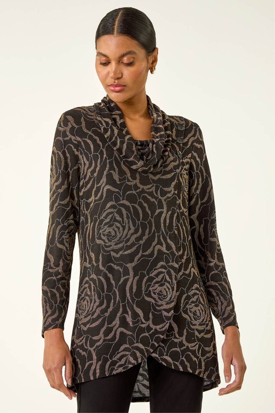 Roman Gold Jacquard Cowl Neck Stretch Top