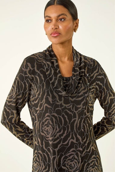 Roman Gold Jacquard Cowl Neck Stretch Top