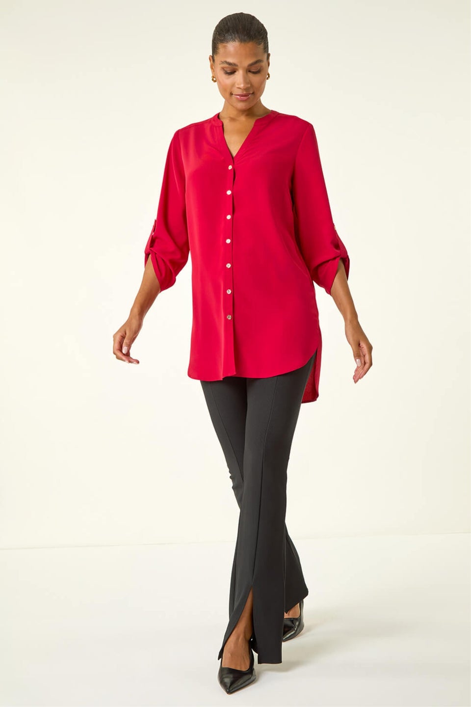 Roman Red Notch Neck Longline Blouse