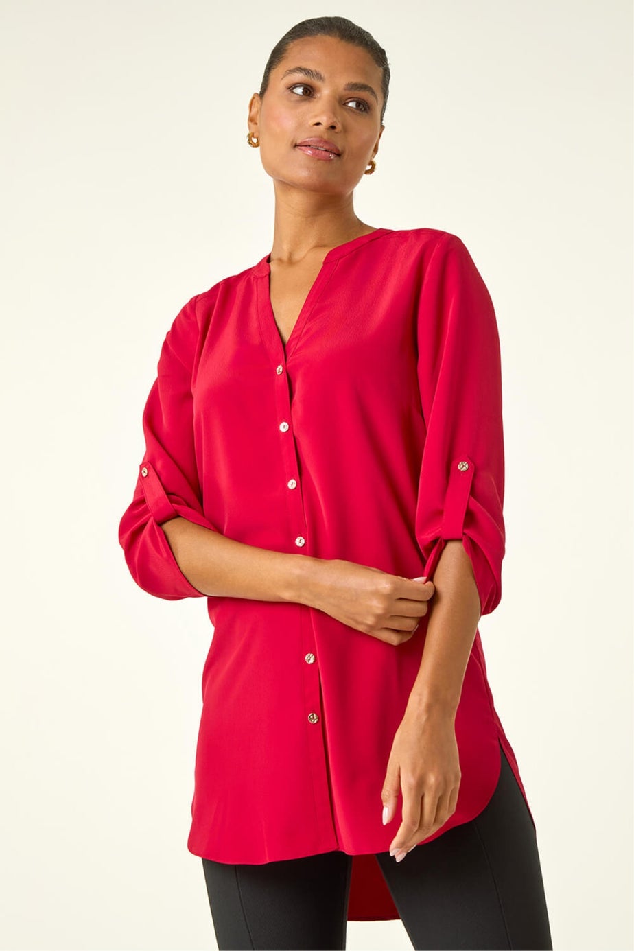 Roman Red Notch Neck Longline Blouse