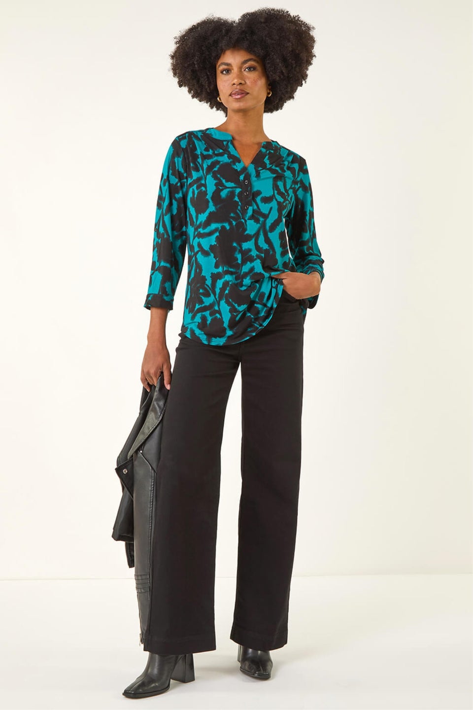 Roman Teal Floral Print V-Neck Stretch Top