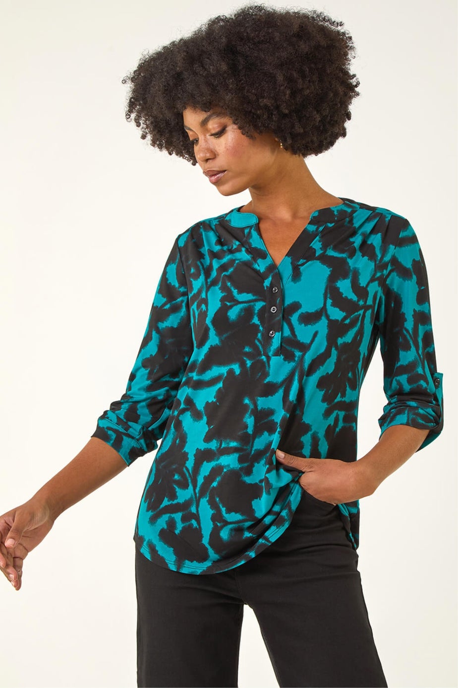 Roman Teal Floral Print V-Neck Stretch Top